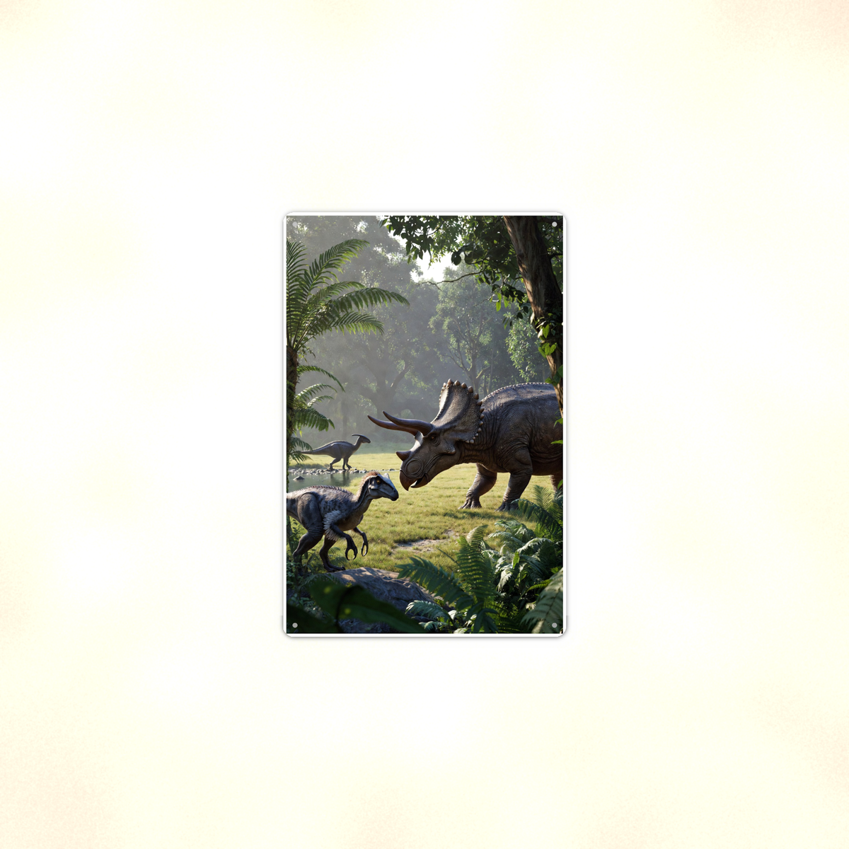Triceratops Waterhole Scene - Dinosaur Metal Sign 8x12 & 12x18, Aluminum Decor — Context view