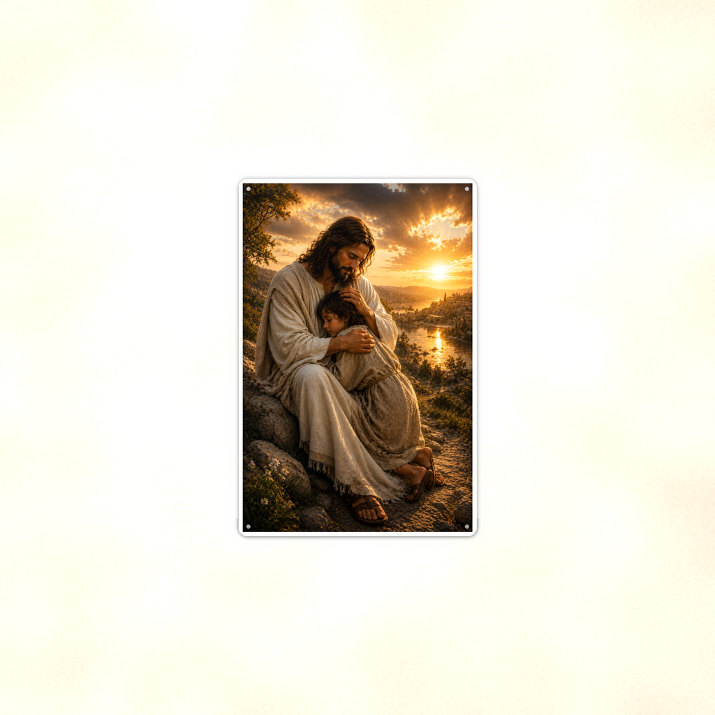 Jesus Comforting A Child - Christian Metal Sign 8x12 & 12x18 — Context view