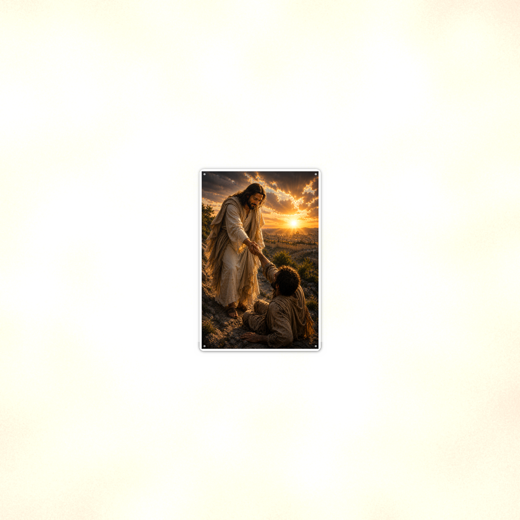 Jesus Lifting A Fallen Man - Christian Metal Sign 8x12 & 12x18 — Room display