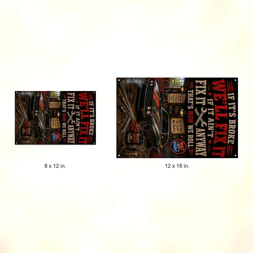If Broke We'll Fix It Anyway - Funny Garage Metal Sign 8x12 & 12x18 — Size options comparison