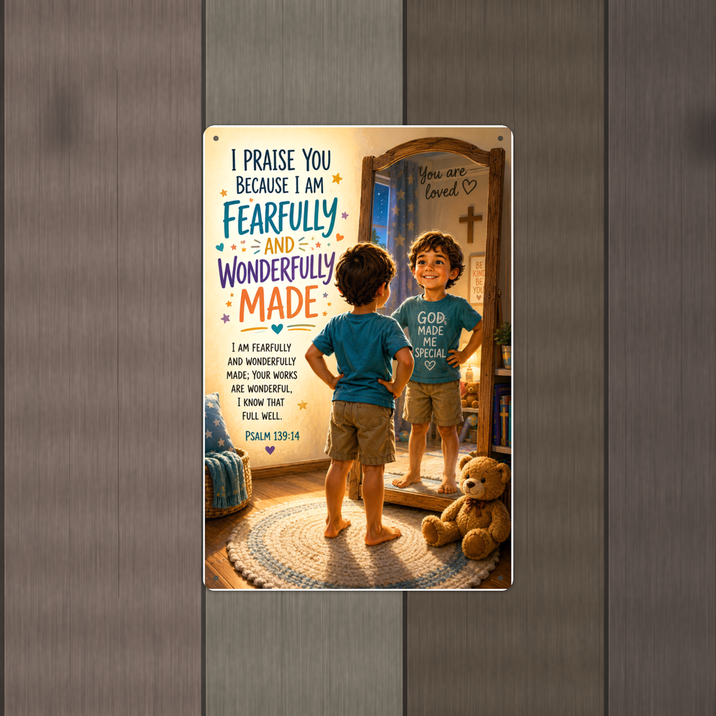 I Am Fearfully And Wonderfully Made - Psalm 139:14, Boy's Christian Metal Sign 8x12 & 12x18 — Alternate wall view