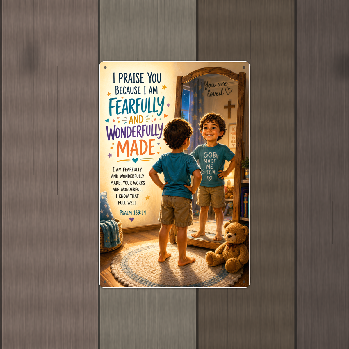 I Am Fearfully And Wonderfully Made - Psalm 139:14, Boy's Christian Metal Sign 8x12 & 12x18 — Alternate wall view