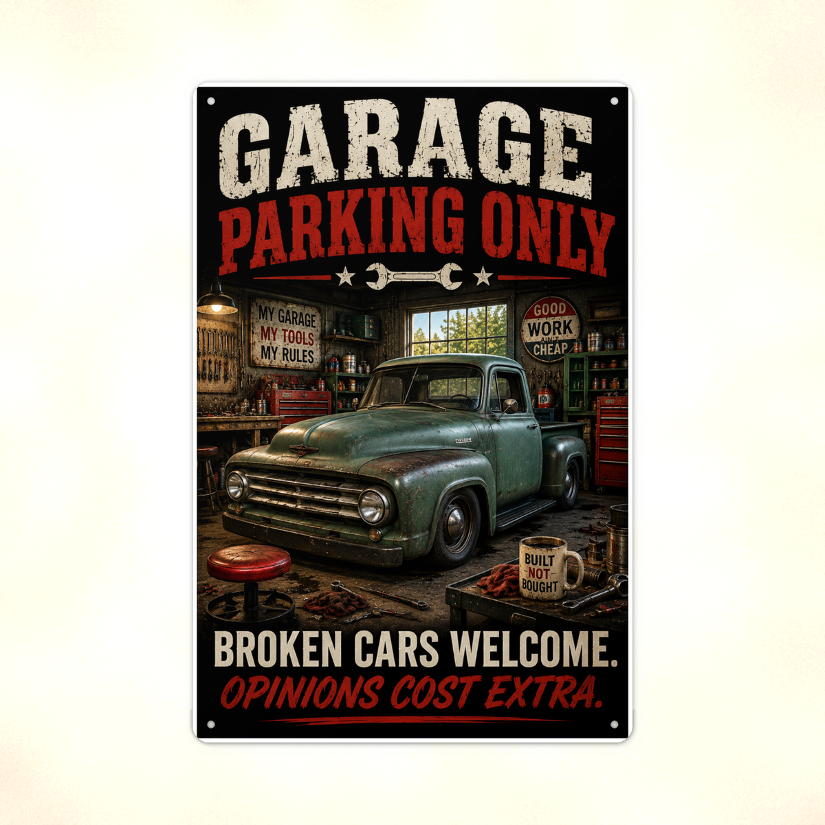 Garage Parking Only - Broken Cars Welcome, Funny Metal Sign 8x12 & 12x18 — Print detail