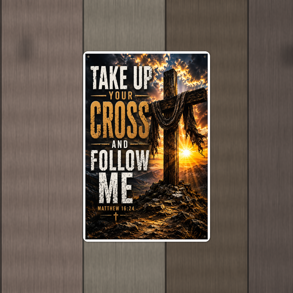 Take Up Your Cross And Follow Me - Matthew 16:24, Christian Metal Sign 8x12 & 12x18 — Alternate wall view