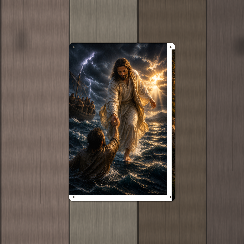 Jesus Saves Sinking Peter - Christian Metal Sign 8x12 & 12x18 — Alternate wall view