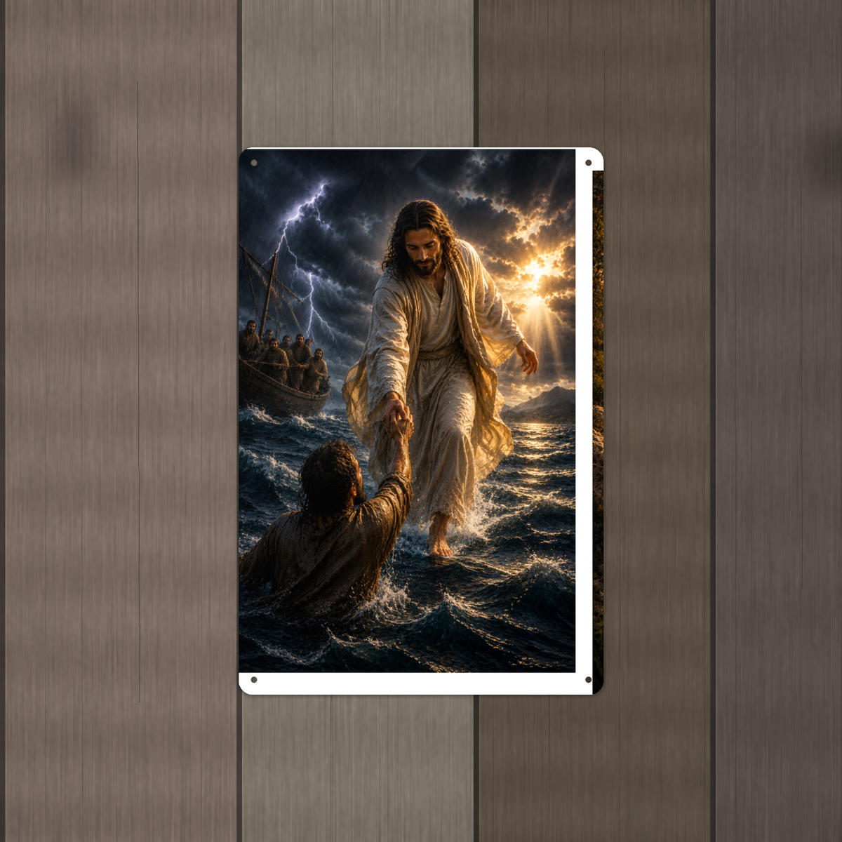 Jesus Saves Sinking Peter - Christian Metal Sign 8x12 & 12x18 — Alternate wall view
