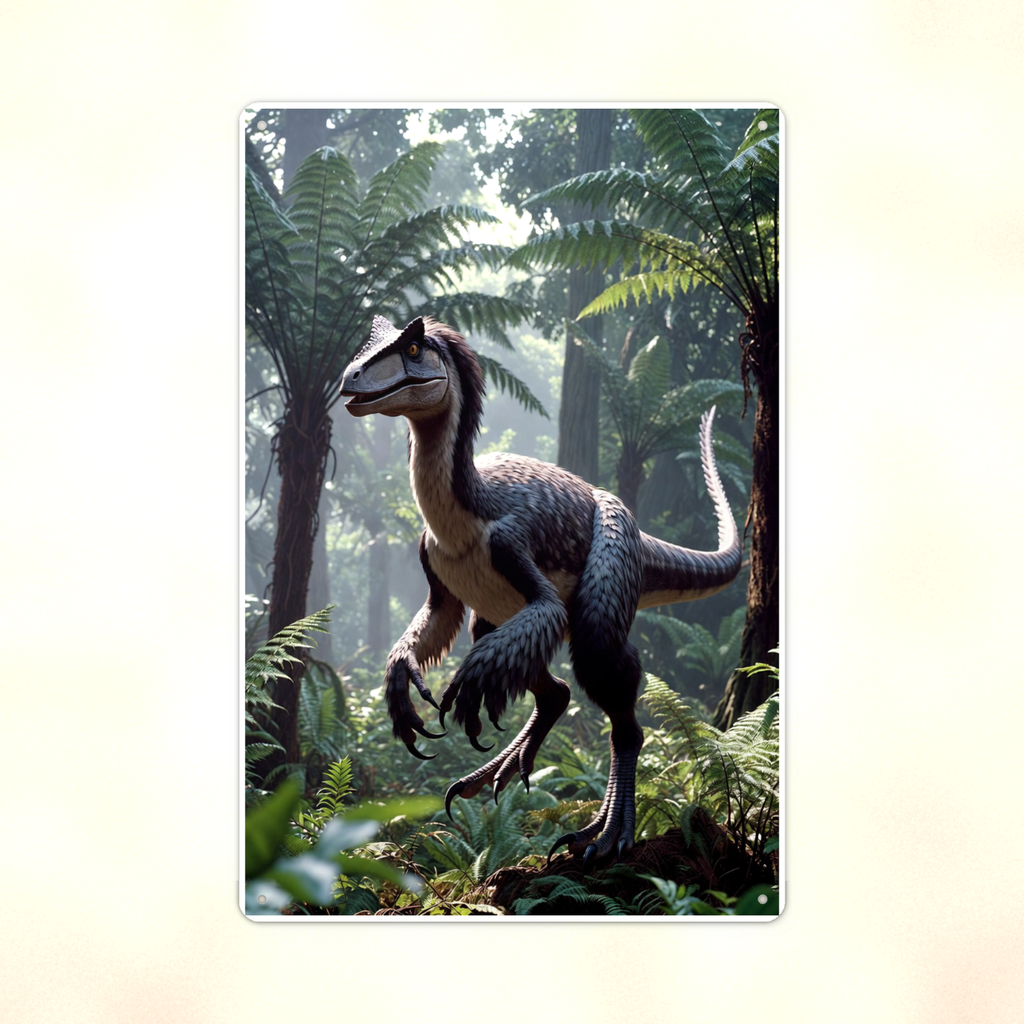 Feathered Raptor Jungle Scene - Dinosaur Metal Sign 8x12 & 12x18 — Print detail
