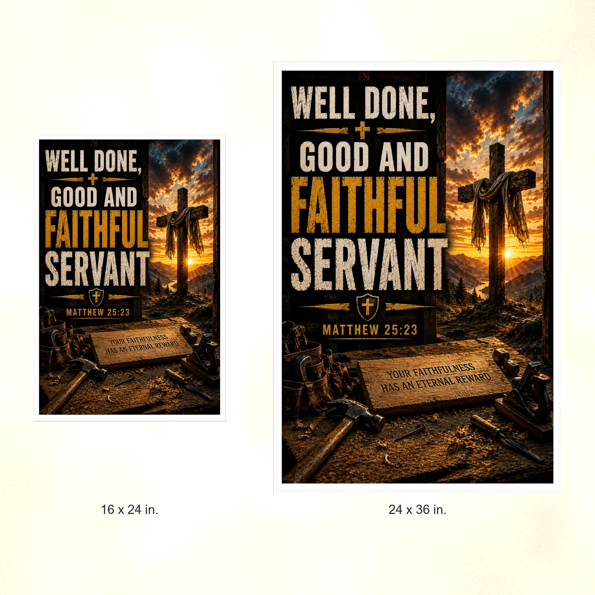 Poster size comparison: 16 x 24 inches and 24 x 36 inches, unframed.