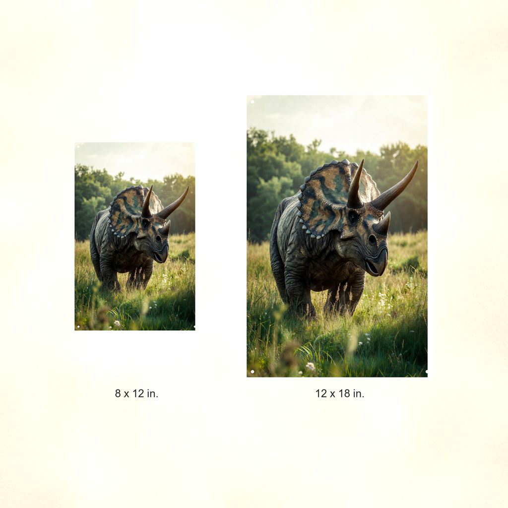 Triceratops Meadow Scene - Dinosaur Metal Sign 8x12 & 12x18, Aluminum Decor — Size options comparison