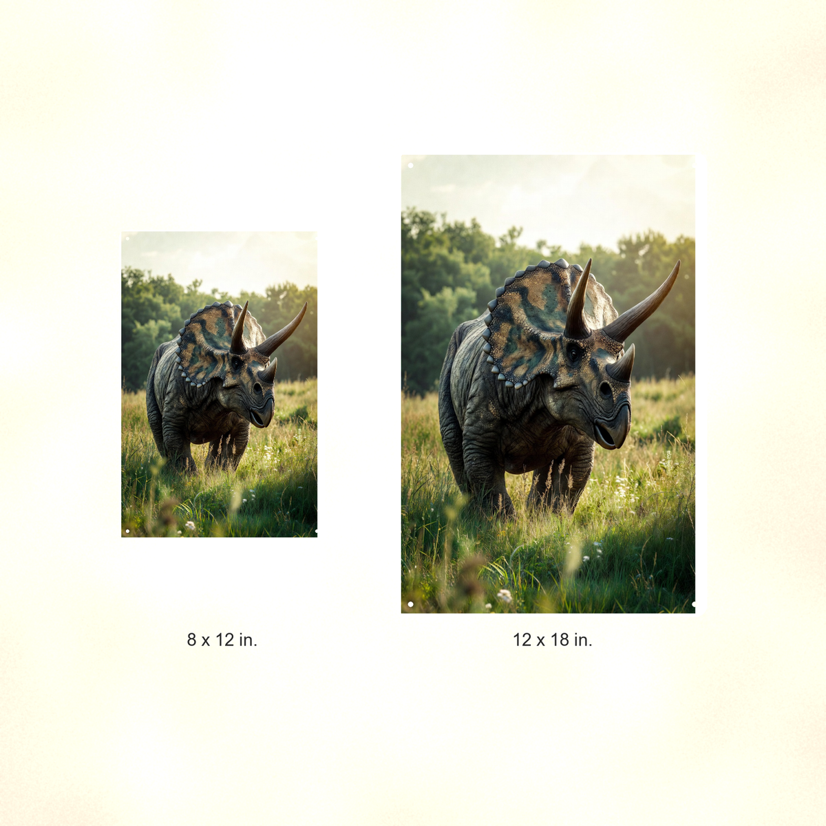 Triceratops Meadow Scene - Dinosaur Metal Sign 8x12 & 12x18, Aluminum Decor — Size options comparison