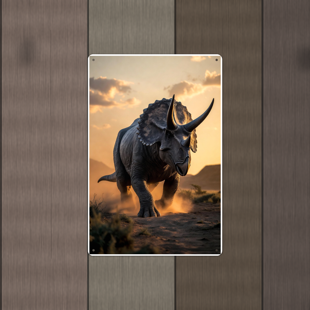 Triceratops Sunset Plains - Dinosaur Metal Sign 8x12 & 12x18, Aluminum Decor — Alternate wall view