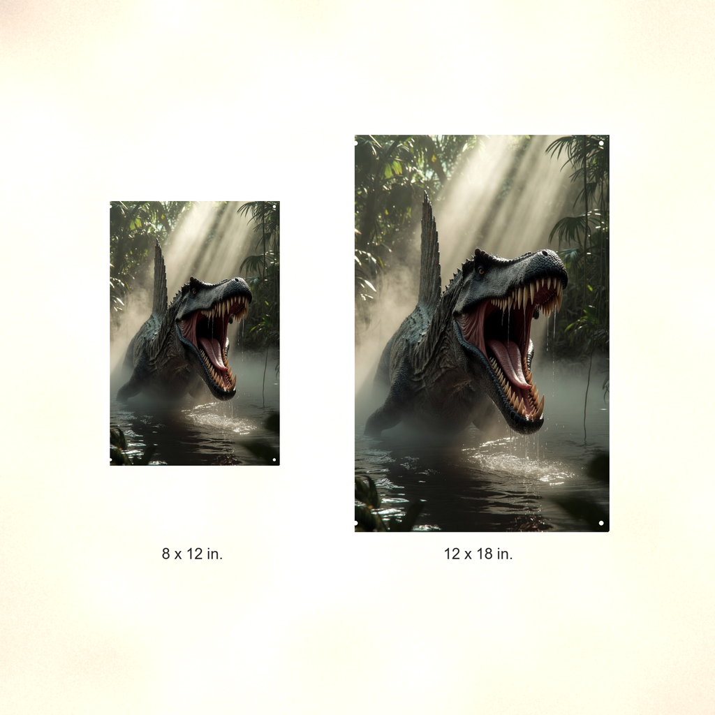 Spinosaurus Swamp Roar - Dinosaur Metal Sign 8x12 & 12x18, Aluminum Decor — Size options comparison