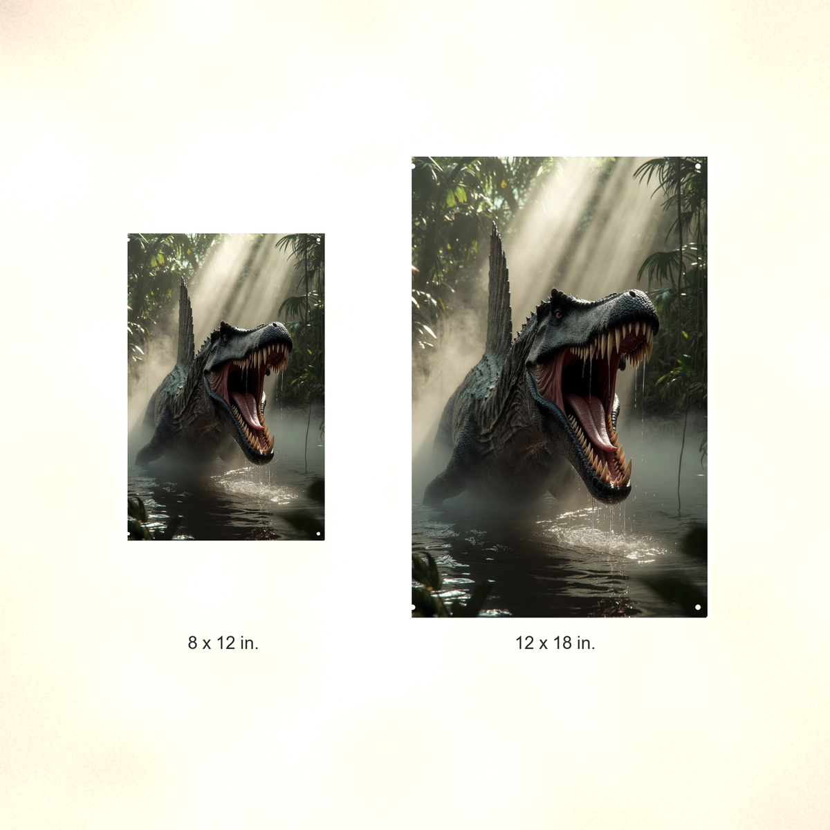 Spinosaurus Swamp Roar - Dinosaur Metal Sign 8x12 & 12x18, Aluminum Decor — Size options comparison