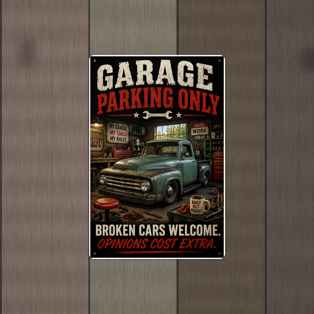 Garage Parking Only - Broken Cars Welcome, Funny Metal Sign 8x12 & 12x18 — Alternate wall view