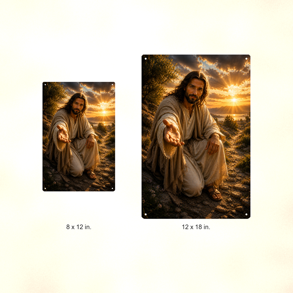 Jesus Reaching Out His Hand - Christian Metal Sign 8x12 & 12x18 — Size options comparison