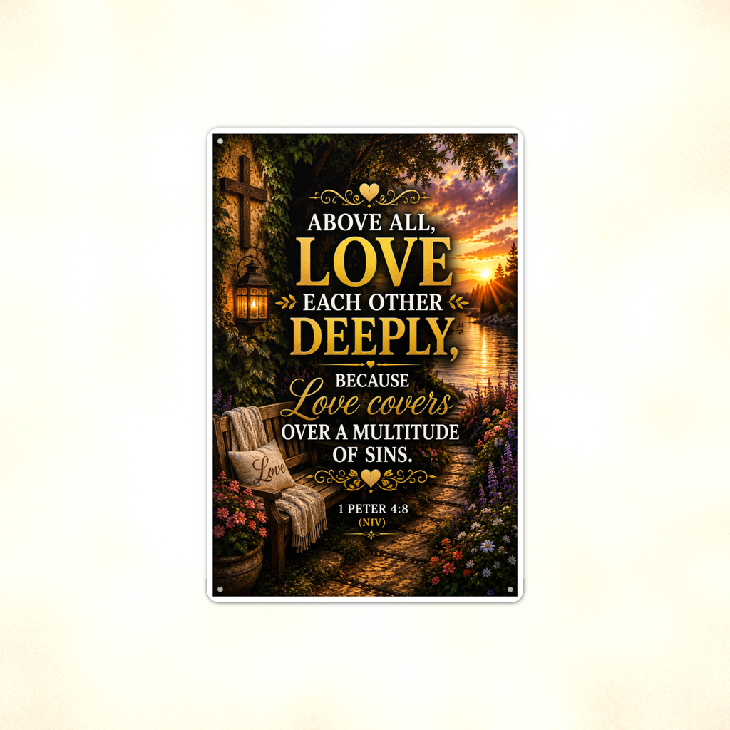 Above All Love Each Other Deeply - 1 Peter 4:8, Christian Metal Sign 8x12 & 12x18 — Full product view