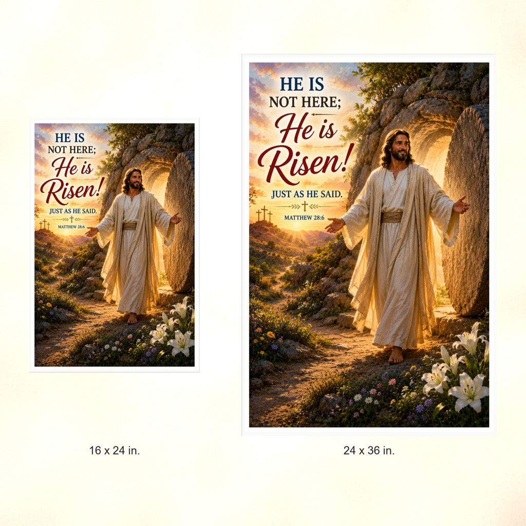 Poster size comparison: 16 x 24 inches and 24 x 36 inches, unframed.