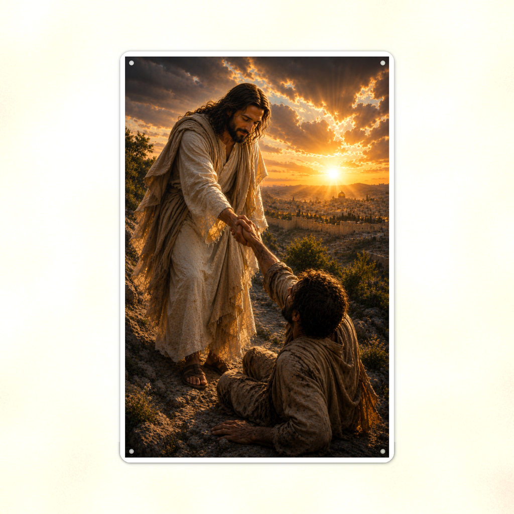 Jesus Lifting A Fallen Man - Christian Metal Sign 8x12 & 12x18 — Print detail