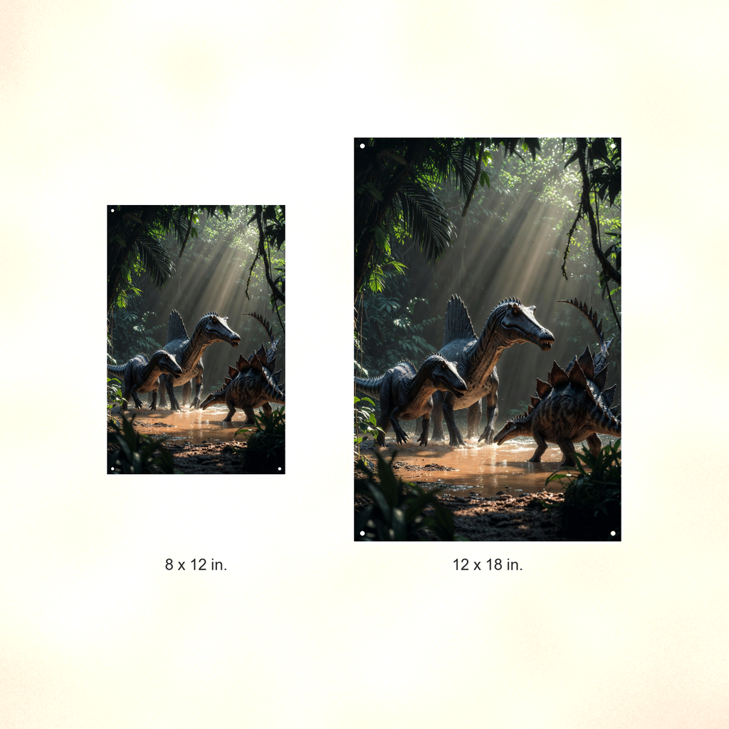 Spinosaurus River Pack - Dinosaur Metal Sign 8x12 & 12x18, Aluminum Decor — Size options comparison