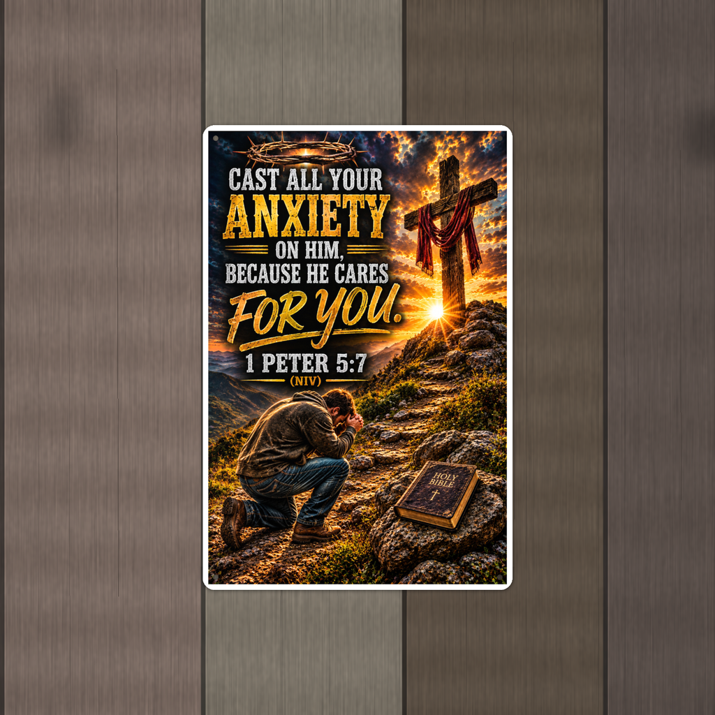 Cast All Your Anxiety On Him - 1 Peter 5:7, Christian Metal Sign 8x12 & 12x18 — Alternate wall view