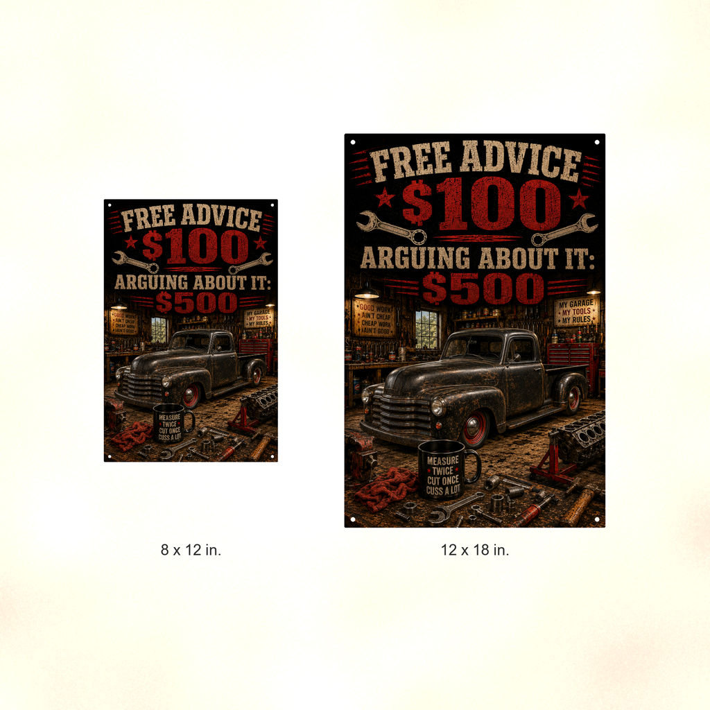 Free Advice, Arguing Costs Extra - Funny Garage Metal Sign 8x12 & 12x18 — Size options comparison