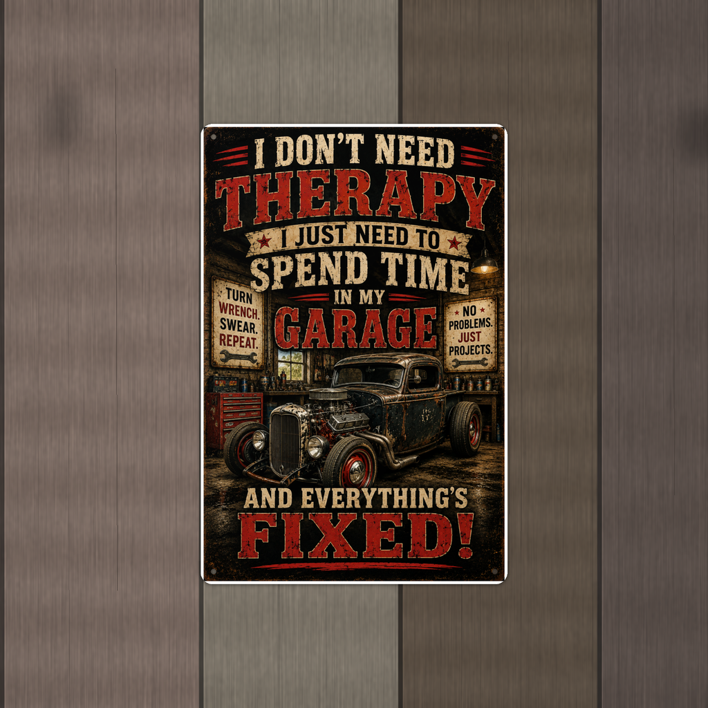 I Don't Need Therapy, Spend Time In My Garage - Funny Metal Sign 8x12 & 12x18 — Alternate wall view