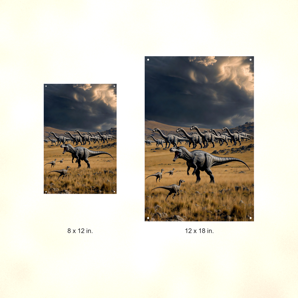 Predator Dinosaur, Storm Plains Scene - Metal Sign 8x12 & 12x18 — Size options comparison