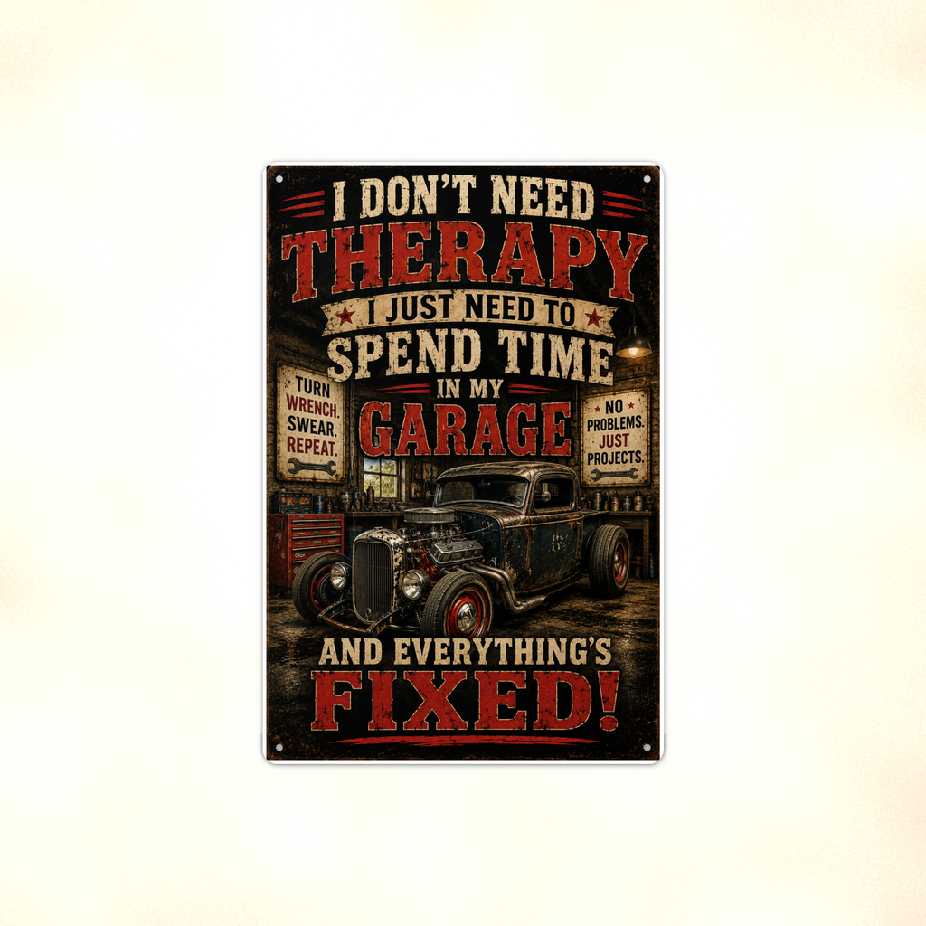 I Don't Need Therapy, Spend Time In My Garage - Funny Metal Sign 8x12 & 12x18 — Full product view
