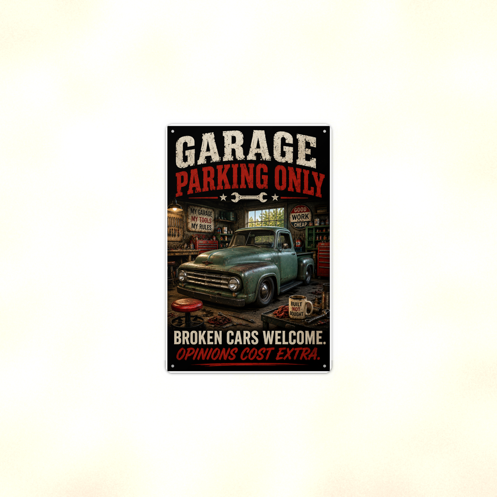 Garage Parking Only - Broken Cars Welcome, Funny Metal Sign 8x12 & 12x18 — Context view