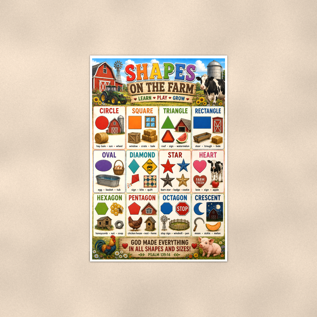 Shapes on the Farm Poster 16x24 & 24x36 - Psalm 139:14 Scripture, Kids Christian Wall Art, Homeschool Decor — Full product view
