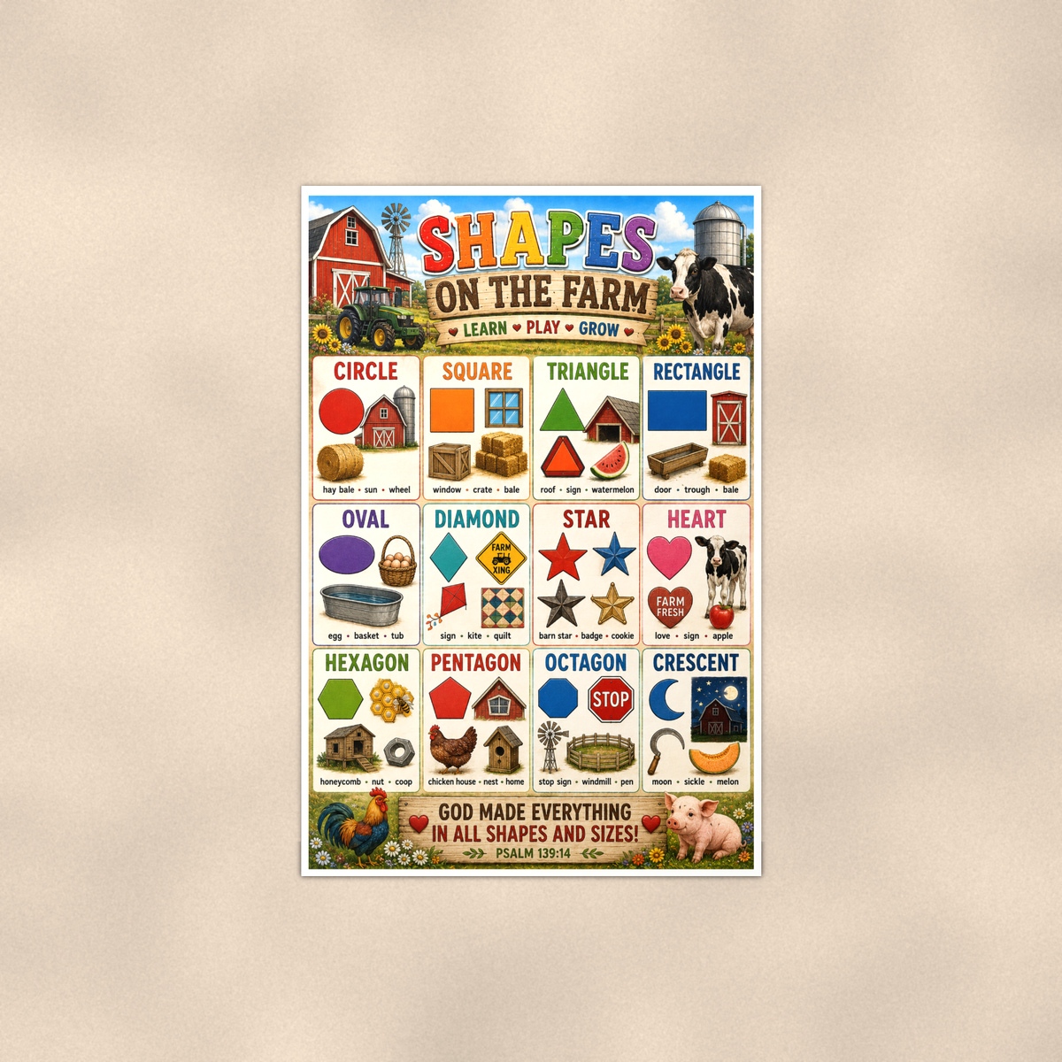 Shapes on the Farm Poster 16x24 & 24x36 - Psalm 139:14 Scripture, Kids Christian Wall Art, Homeschool Decor — Full product view