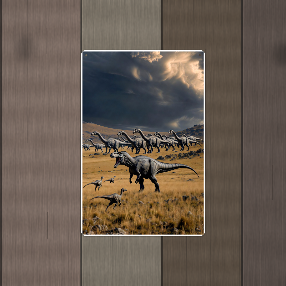 Predator Dinosaur, Storm Plains Scene - Metal Sign 8x12 & 12x18 — Alternate wall view