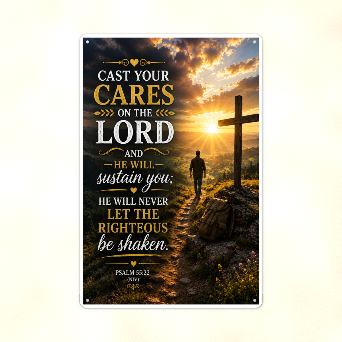 Cast Your Cares On The Lord - Psalm 55:22, Christian Metal Sign 8x12 & 12x18 — Print detail