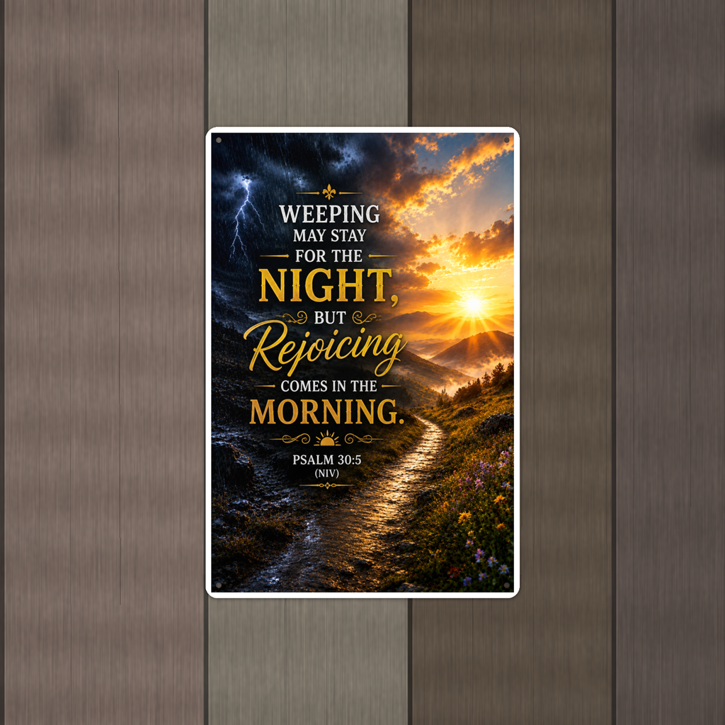 Weeping May Stay, But Rejoicing Comes In The Morning - Psalm 30:5, Christian Metal Sign 8x12 & 12x18 — Alternate wall view