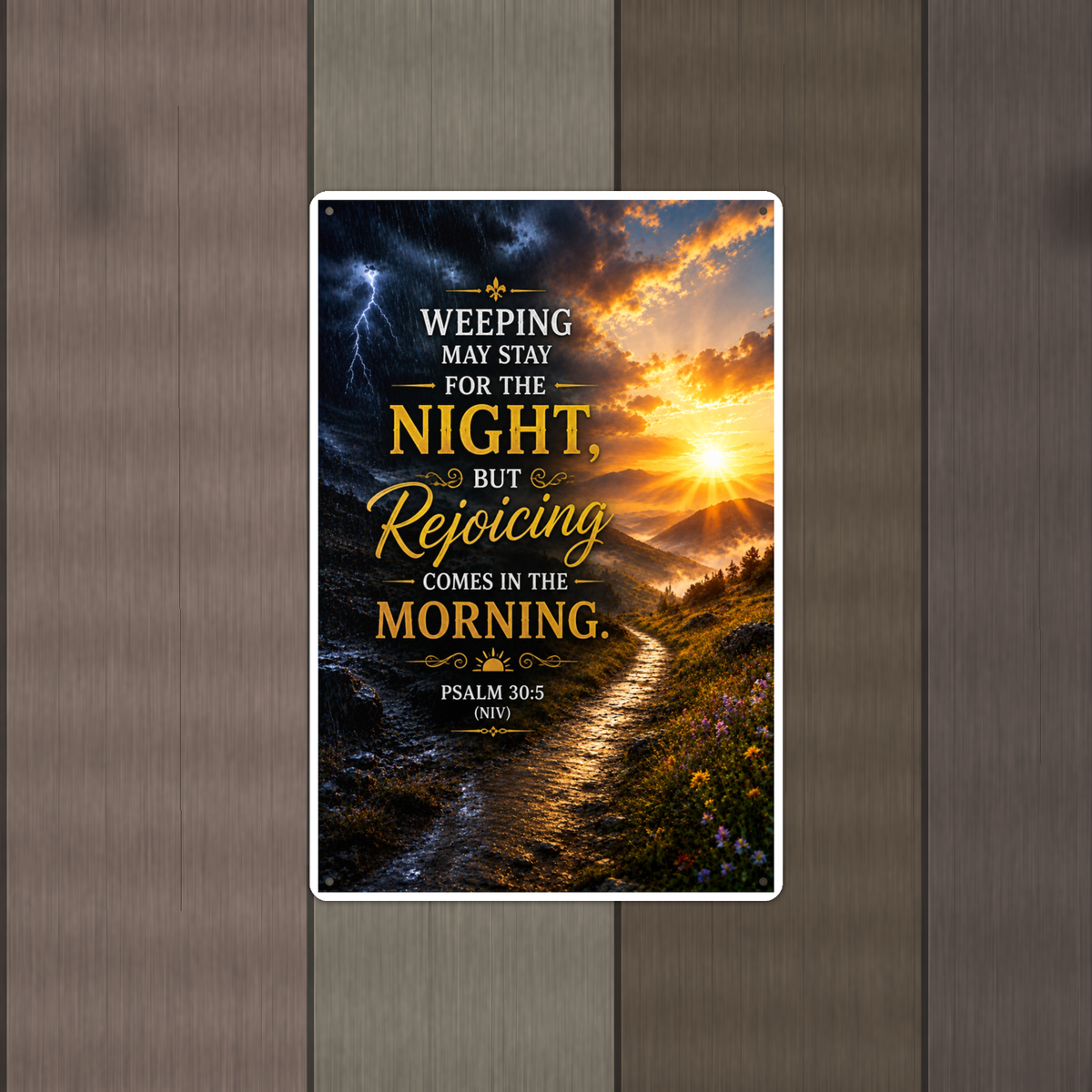 Weeping May Stay, But Rejoicing Comes In The Morning - Psalm 30:5, Christian Metal Sign 8x12 & 12x18 — Alternate wall view