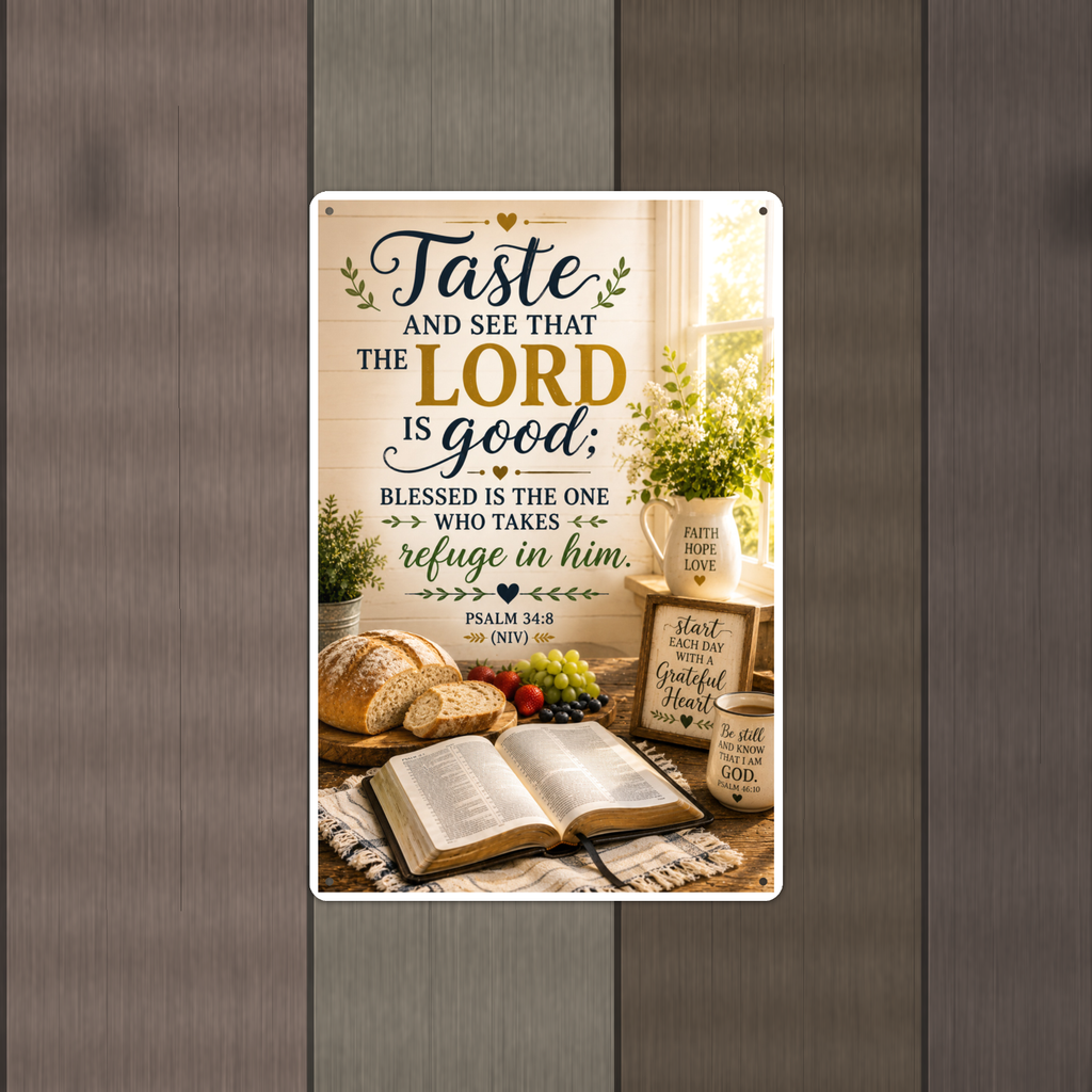 Taste And See That The Lord Is Good - Psalm 34:8, Christian Metal Sign 8x12 & 12x18 — Alternate wall view