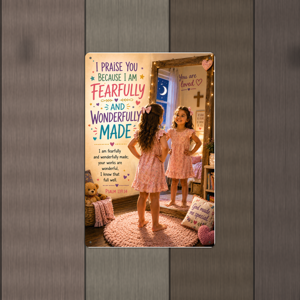 I Am Fearfully And Wonderfully Made - Psalm 139:14, Girl's Christian Metal Sign 8x12 & 12x18 — Alternate wall view