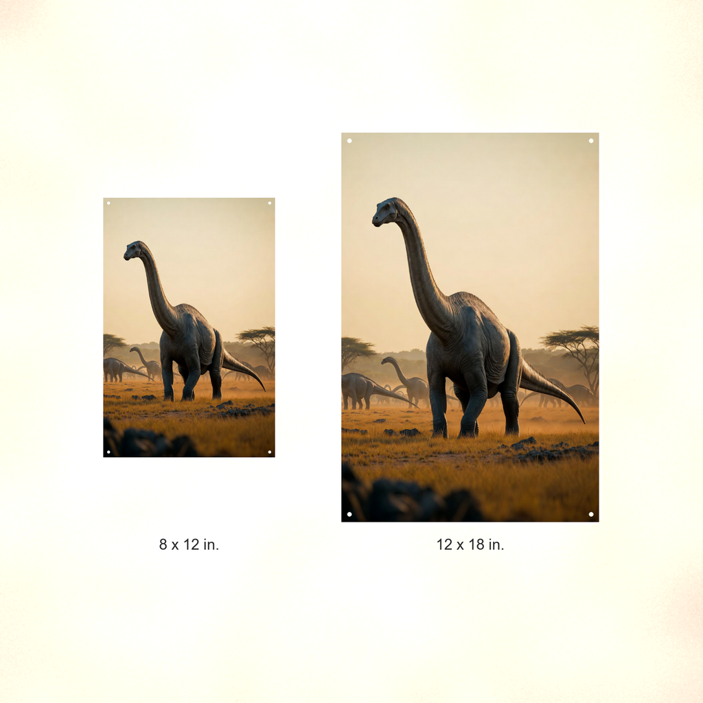 Long Neck Dinosaur Herd at Sunset - Metal Sign 8x12 & 12x18, Aluminum Decor — Size options comparison