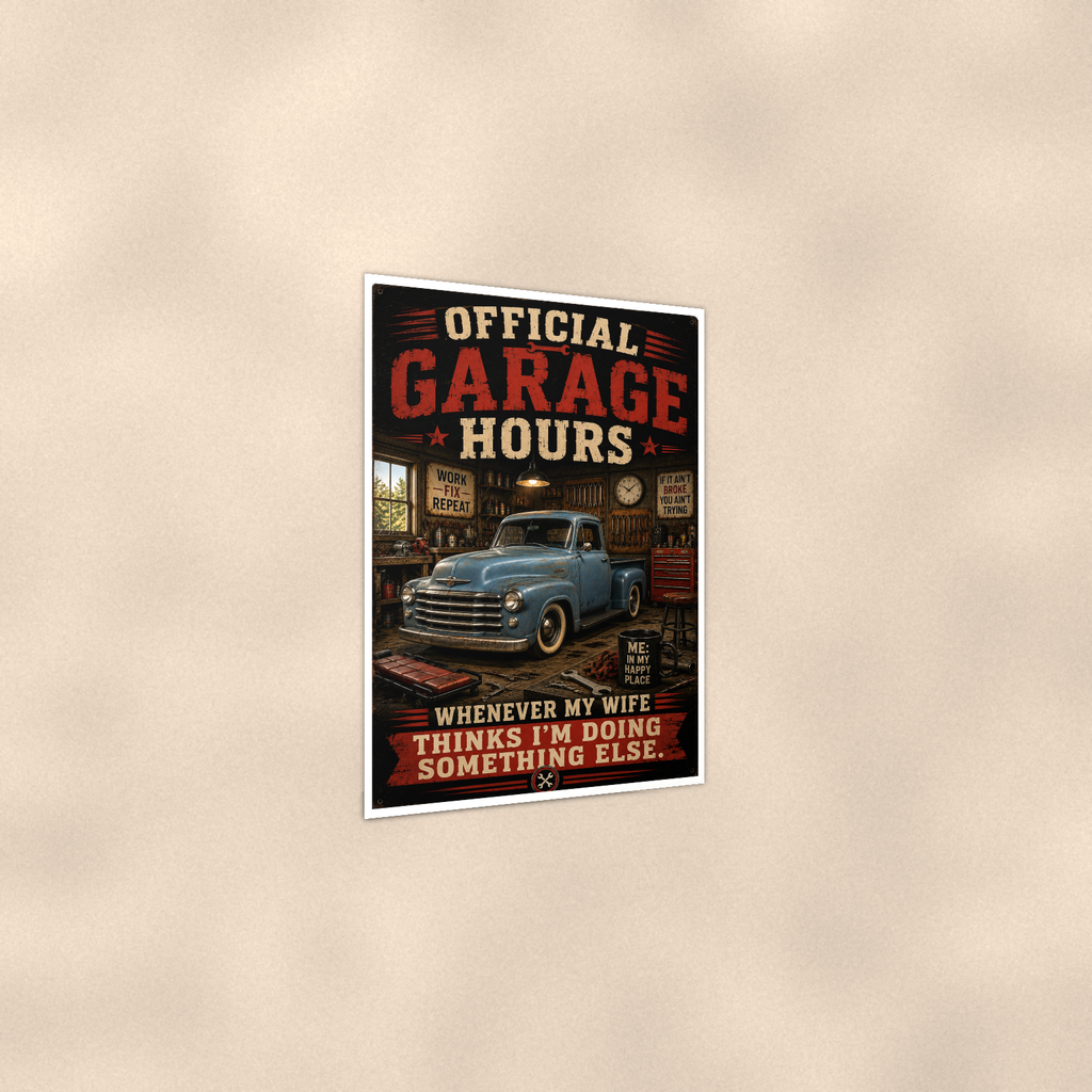 Official Garage Hours - Wife Thinks I'm Elsewhere, Poster 16x24 & 24x36 — Print detail