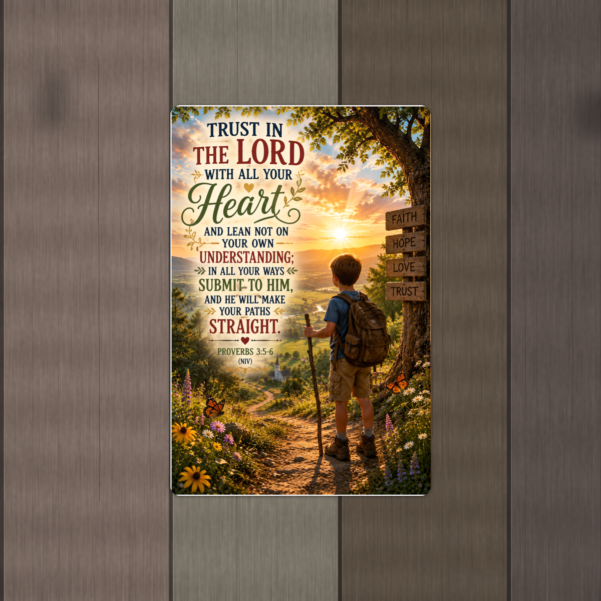 Trust In The Lord With All Your Heart - Proverbs 3:5-6, Christian Metal Sign 8x12 & 12x18 — Alternate wall view