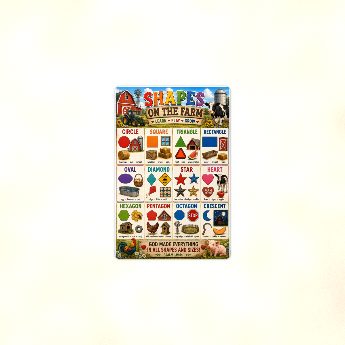 Shapes on the Farm - Psalm 139:14 Scripture, Kids Christian Metal Sign 8x12 & 12x18, Homeschool Classroom Decor — Context view