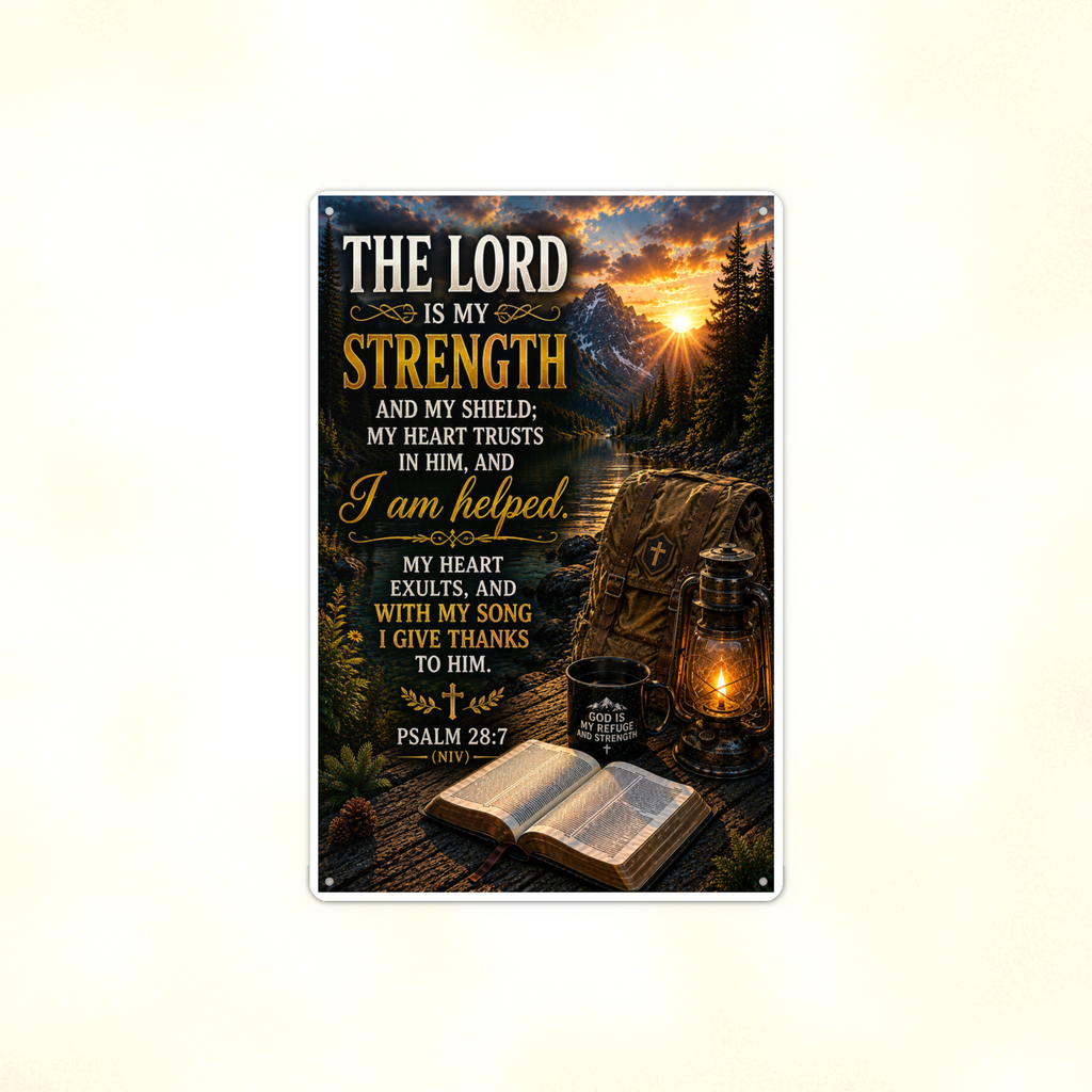 The Lord Is My Strength, I Am Helped - Psalm 28:7, Christian Metal Sign 8x12 & 12x18 — Full product view