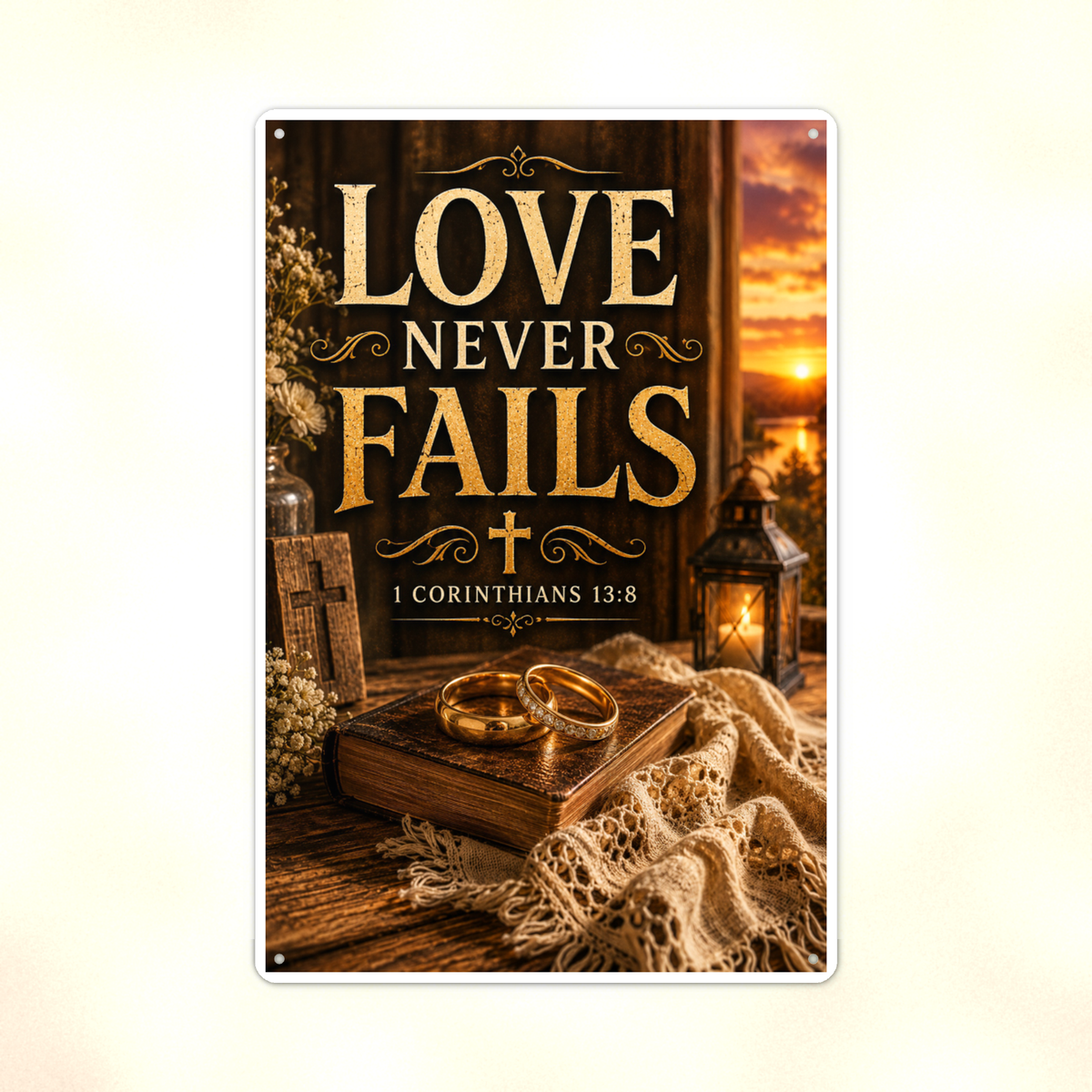 Love Never Fails - 1 Corinthians 13:8, Christian Metal Sign 8x12 & 12x18 — Print detail