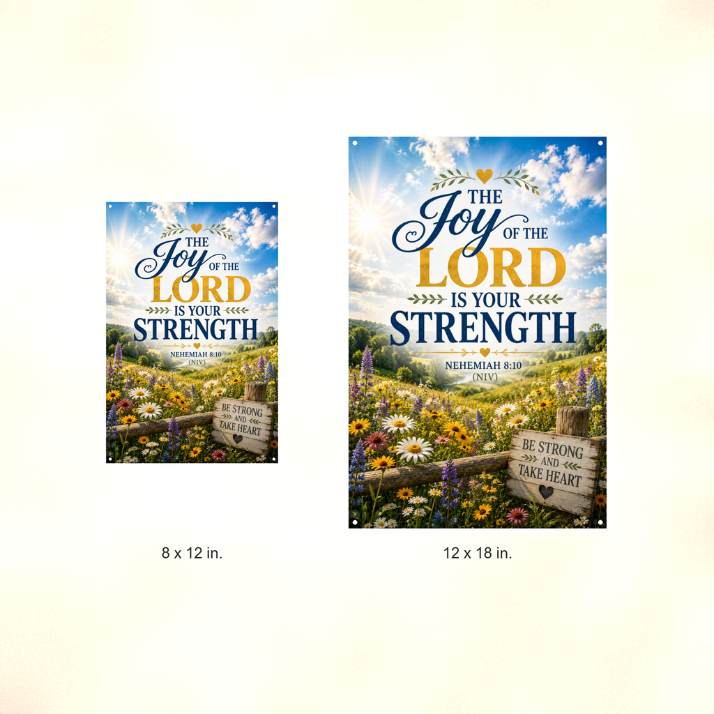 The Joy Of The Lord Is Your Strength - Nehemiah 8:10, Christian Metal Sign 8x12 & 12x18 — Size options comparison