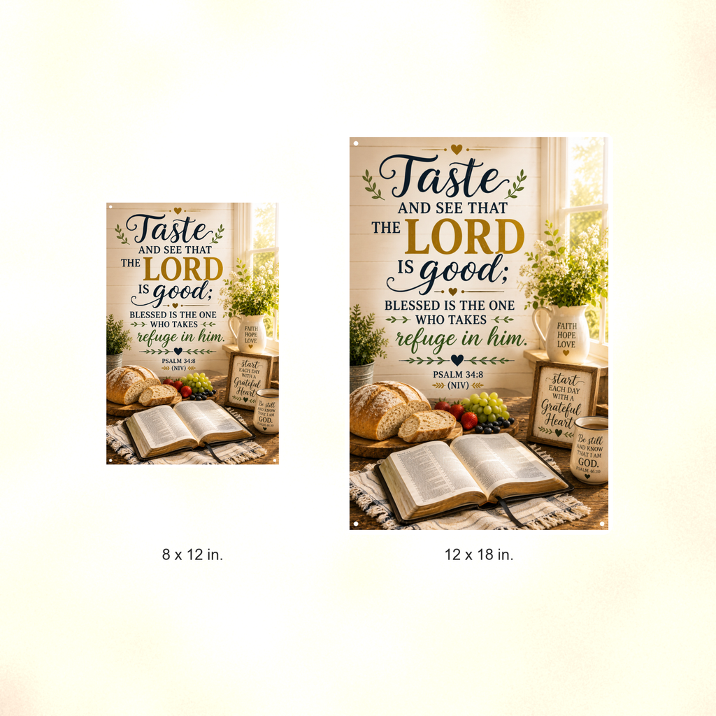 Taste And See That The Lord Is Good - Psalm 34:8, Christian Metal Sign 8x12 & 12x18 — Size options comparison