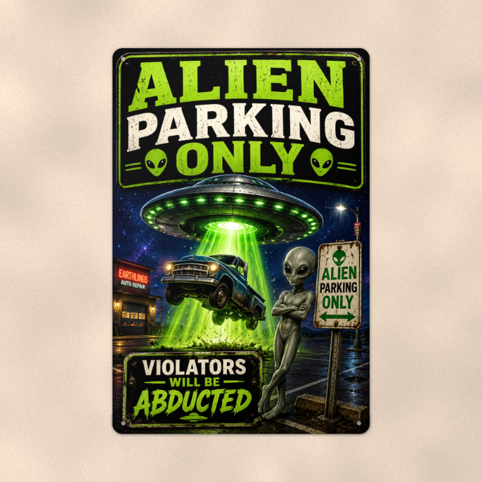 Alien Parking Only Metal Wall Art, UFO Aluminum Sign, Funny Sci Fi Garage Decor, Area 51 Gift