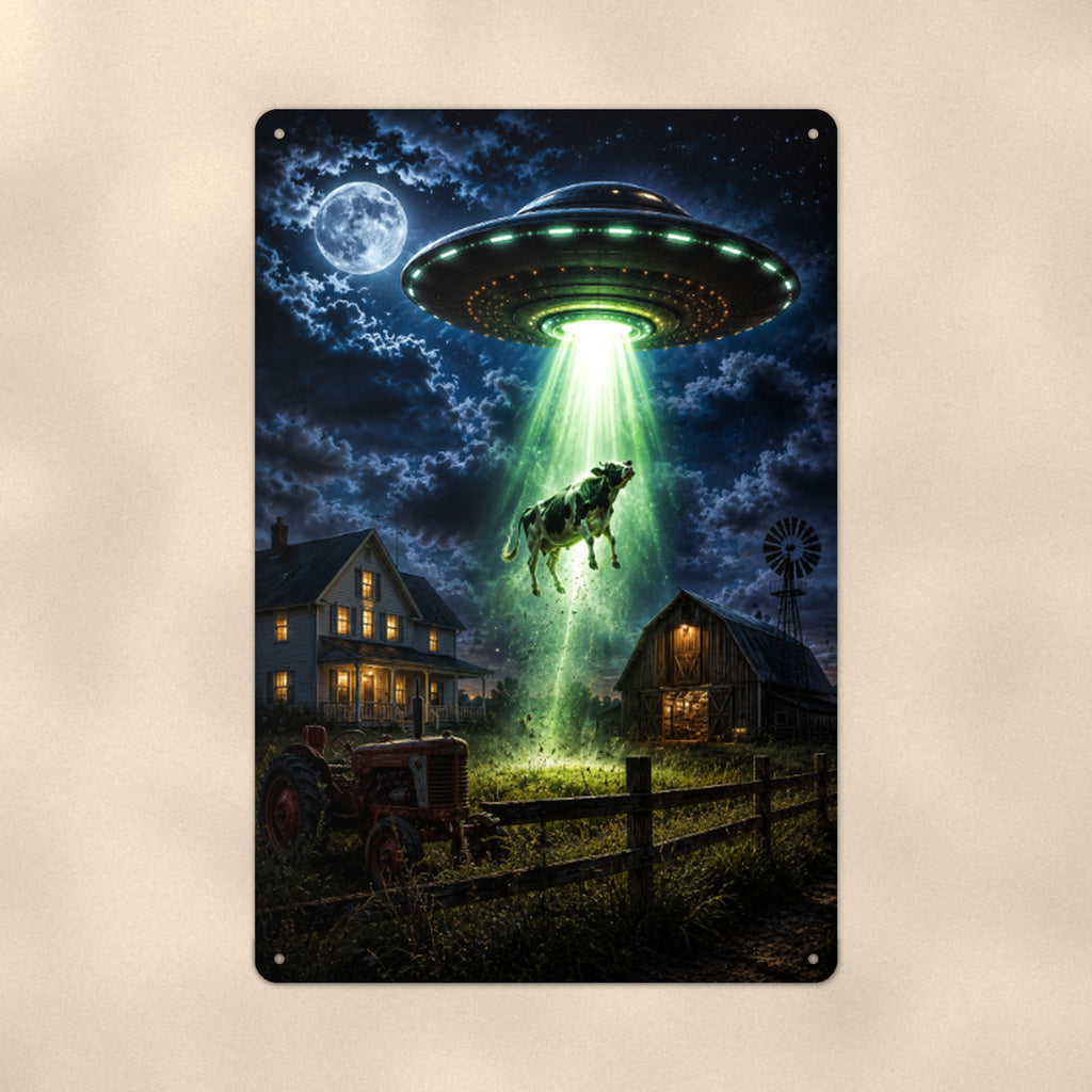 UFO Cow Abduction Metal Wall Art, Alien Aluminum Sign, Farmhouse Sci Fi Decor, Space Lover Gift
