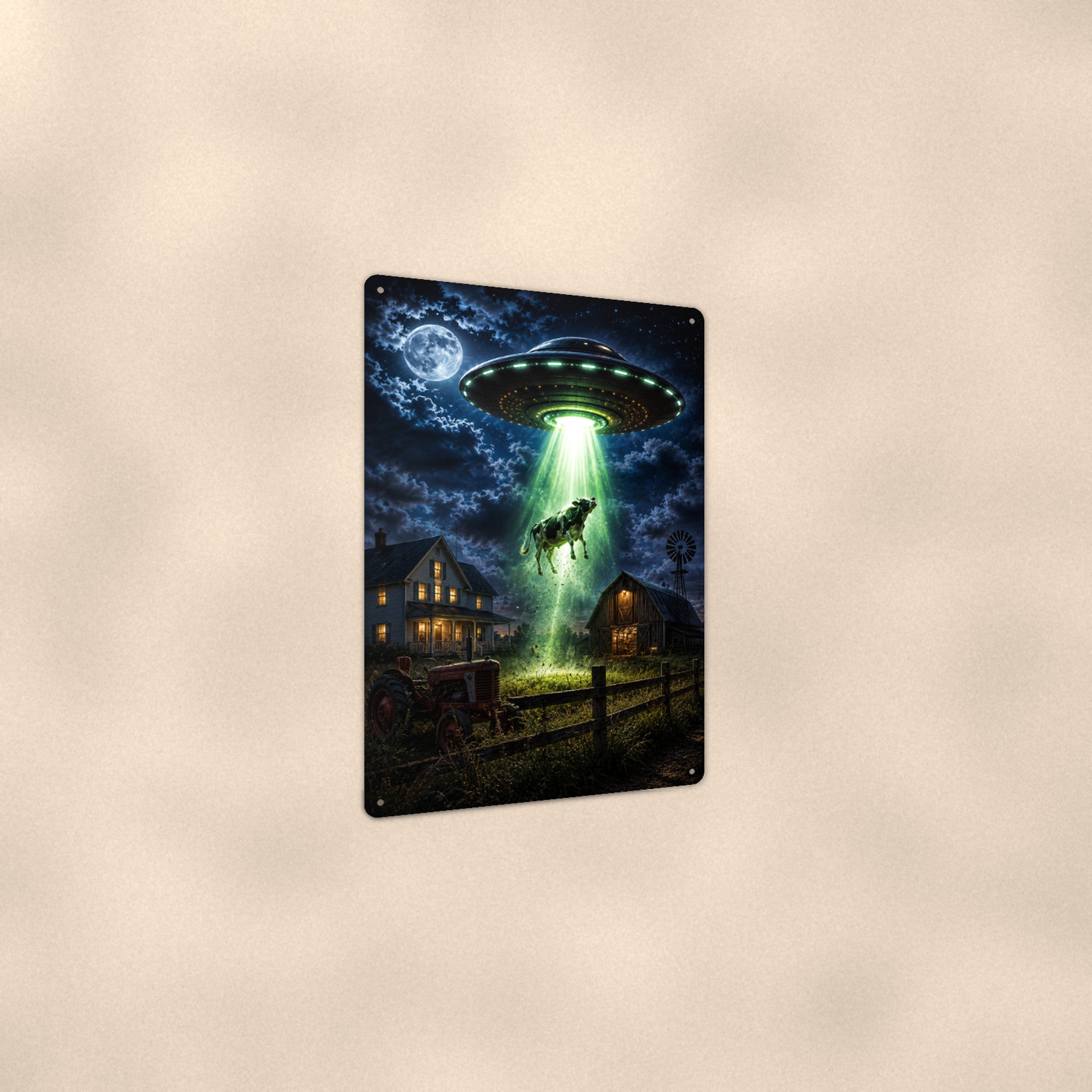 UFO Cow Abduction Metal Wall Art, Alien Aluminum Sign, Farmhouse Sci Fi Decor, Space Lover Gift