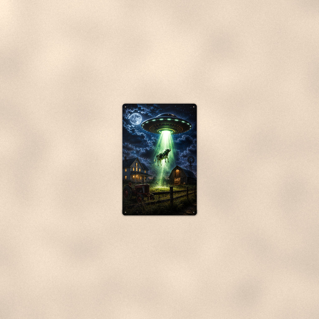 UFO Cow Abduction Metal Wall Art, Alien Aluminum Sign, Farmhouse Sci Fi Decor, Space Lover Gift