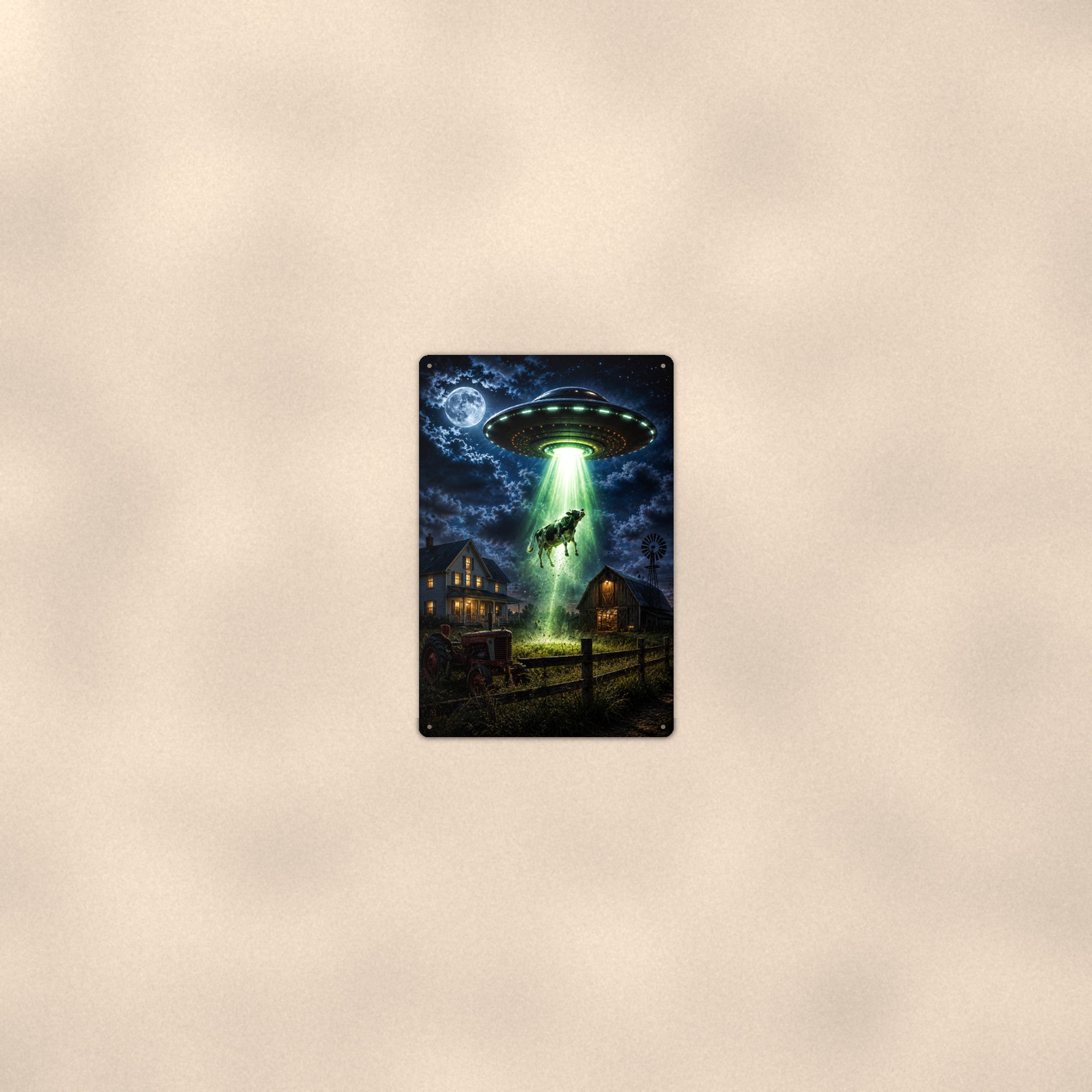 UFO Cow Abduction Metal Wall Art, Alien Aluminum Sign, Farmhouse Sci Fi Decor, Space Lover Gift